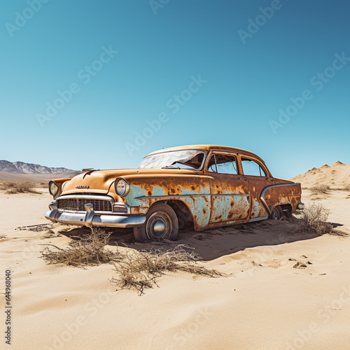 Old abandoned and rusted car in the desert. Some parts of the car have started to rot and come off the body.