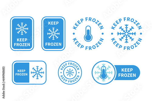 Keep frozen label. Keep frozen - badges for product. Sticker with snowflake and thermometer. Storage in refrigerator and freezer. Vector set