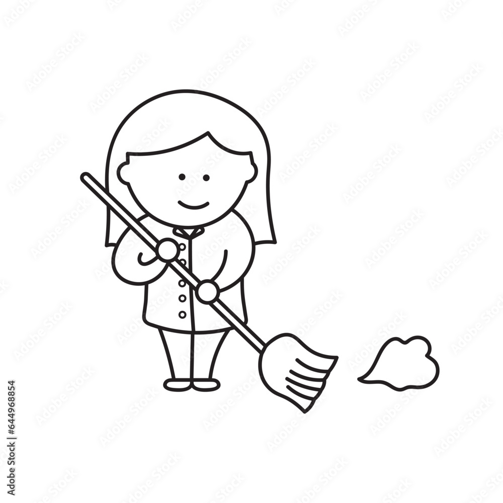 Hand drawn Kids drawing Cartoon Vector illustration cute girl sweeping icon Isolated on White Background Hand drawn Kids drawing Cartoon Vector illustration cute girl sweeping icon Isolated on White Background