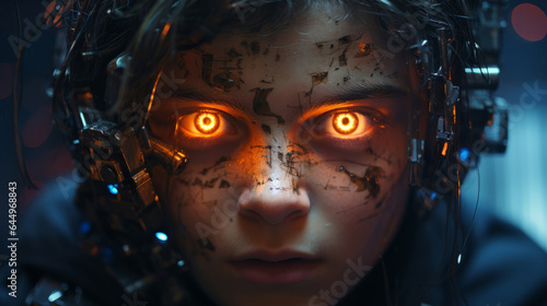 Futuristic child like robot close up. Dangerous glowing eyes. Sci-fi scene.