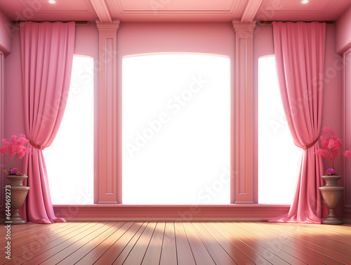 Pink room with the curtain and big window transparent, and big space wooden floor,