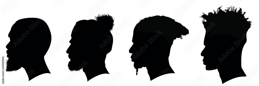 Silhouettes of African American men part 7, profile with various hairstyles, contour on white background. Vector illustration