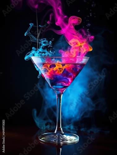 Fotografie martini glass with colorful alcohol and smoke on black background, burning cockt
