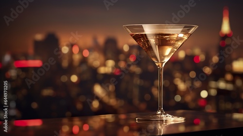 colorful drink in martini glass and big night city background, illuminated light skyline with skyscrapers, generative AI