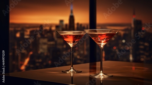 two colorful drinks in martini glass and big night city background  illuminated light skyline with skyscrapers  generative AI