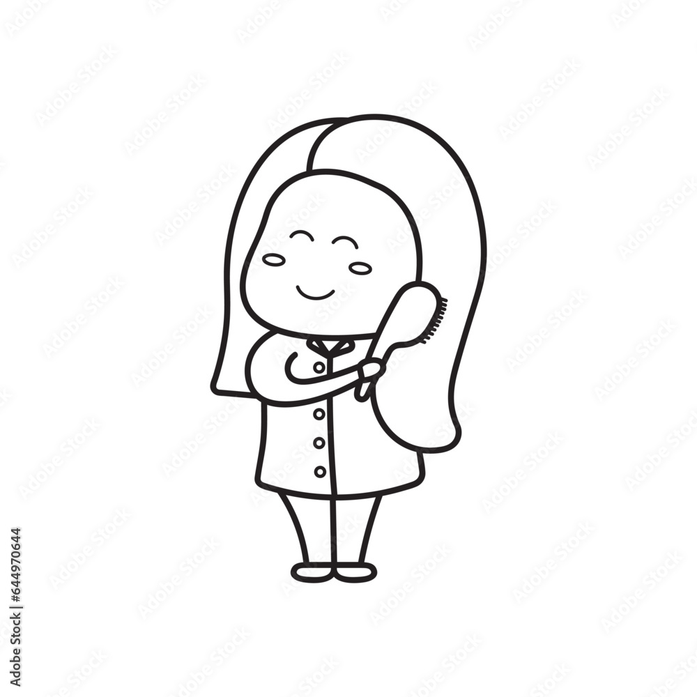 Hand drawn Kids drawing Cartoon Vector illustration cute girl comb icon Isolated on White Background Hand drawn Kids drawing Cartoon Vector illustration cute girl comb icon Isolated on White Background