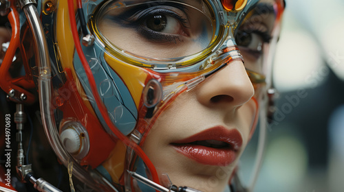 Close up of futuristic, robotic humanoid. Human face with mechanical mask and sci-fi features.