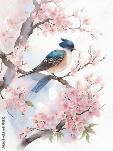 A graceful bird surrounded by vibrant watercolor cherry blossoms captures the essence of nature's beauty