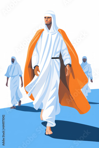 Illustration on the theme a young men in white pilgrimage costumes perform hajj or umrah.