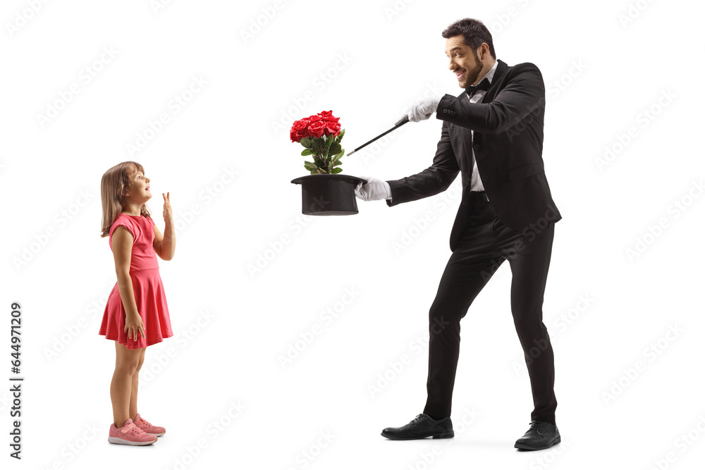Full length profile shot of a girl watching a magician performing a trick Full length profile shot of a girl watching a magician performing a trick