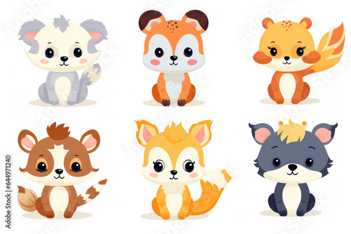 Set of characters of small cartoon animals isolated on white background