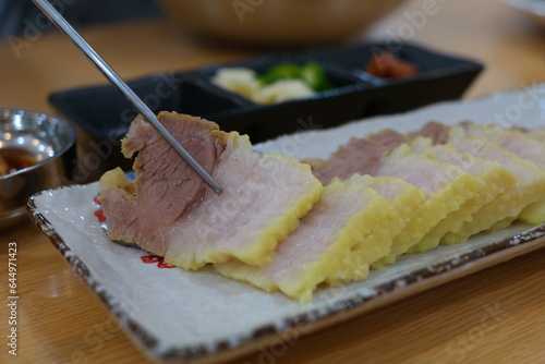 Korean food where beef or pork is boiled in chunks and cut into bite-size pieces