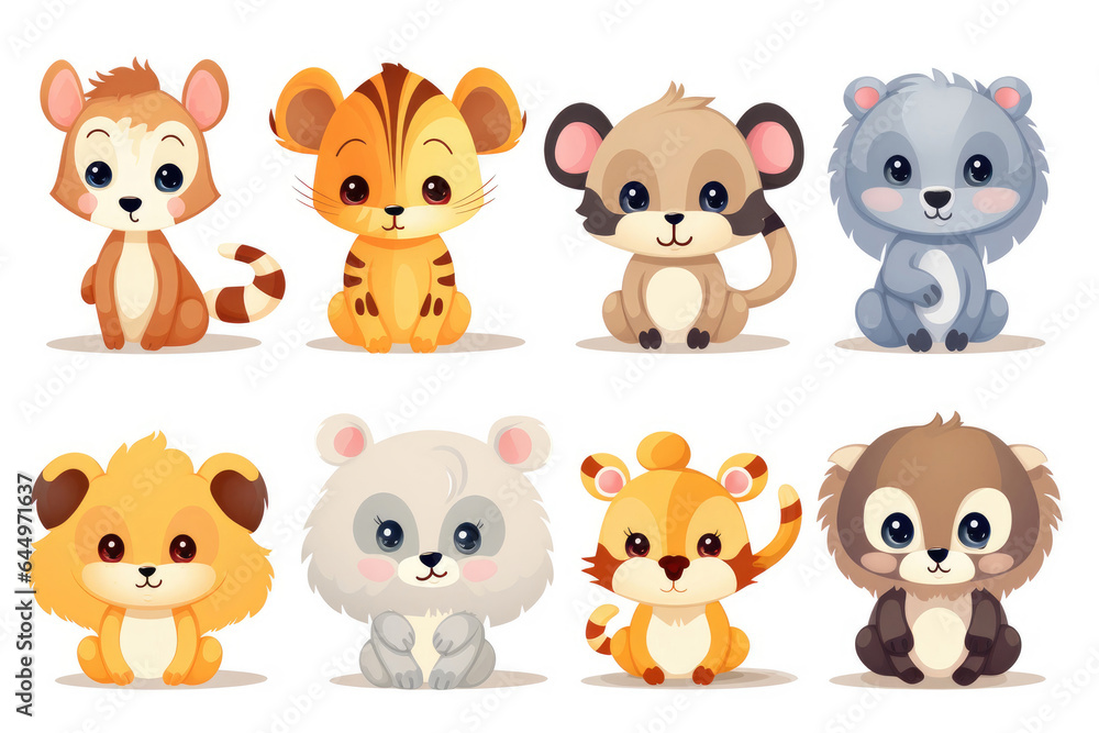 Set of characters of small cartoon animals isolated on white background