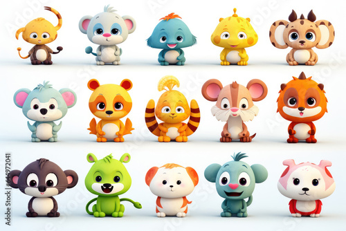 Set of characters of small cartoon animals isolated on white background