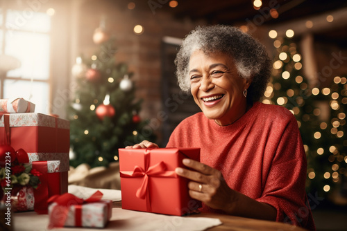 Generative ai senior woman at home unwrapping gift on christmas eve