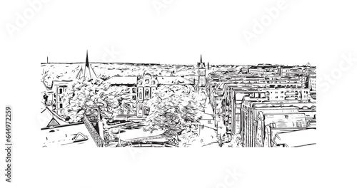 Building view with landmark of Rostock is the city in Germany. Hand drawn sketch illustration in vector.