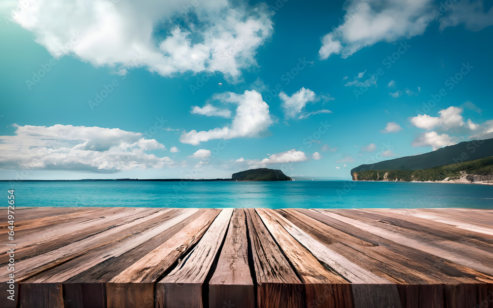 Wooden table on the background of the sea, island, beach and the blue sky. blank wood table copy space.