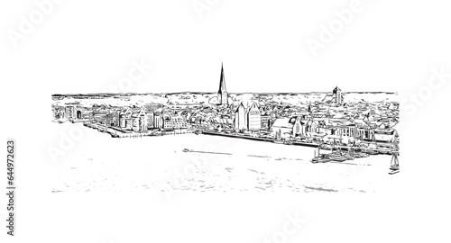 Building view with landmark of Rostock is the city in Germany. Hand drawn sketch illustration in vector.