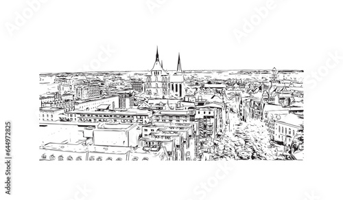 Building view with landmark of Rostock is the city in Germany. Hand drawn sketch illustration in vector.