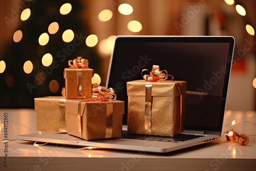 Online sales and shopping concept. Online buying Christmas gifts. Christmas gifts on the laptop screen. photo