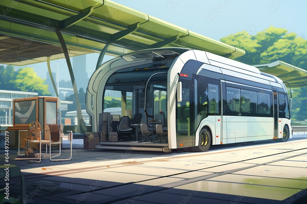 Station and bus with open hood, cylinder inside, promoting clean mobility. Generative AI