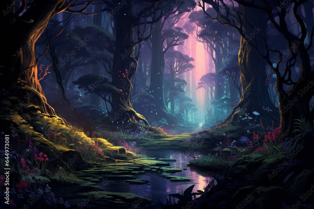Enchanting twilight forest with glowing neon milieu. Generative AI