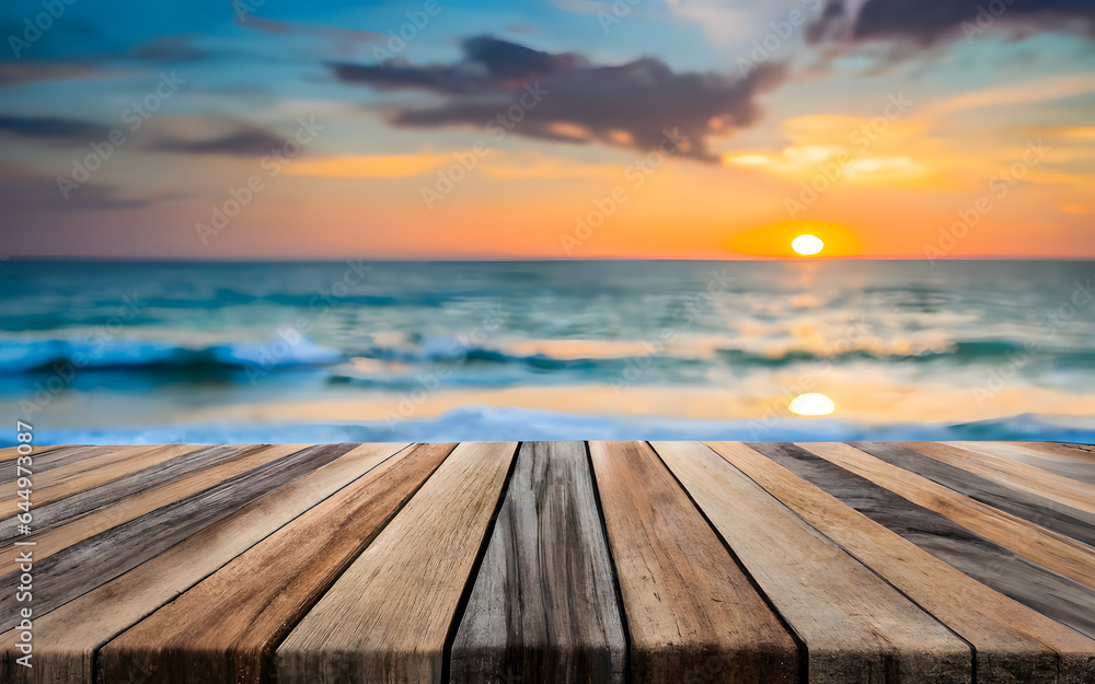 Wooden table on the background of the sea, island, beach and the blue sky. blank wood table copy space.
