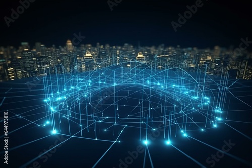 3D projection on powerful computer network. Futuristic technology hub. Generative AI