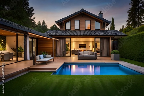luxury home with swimming pool background AI Generated © Creative