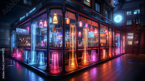 Cyberpunk style club, bar or pub in a city at night. Colorful neon decoration. Futuristic concept. Generative ai