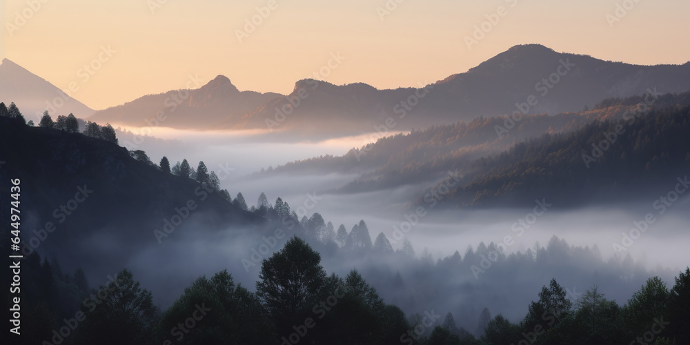 panoramic landscape view on a mountain ranges with a dense mist