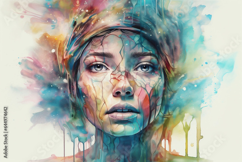 watercolor woman colourful style beautiful beauty portrait face illustration lip art. Generative AI.