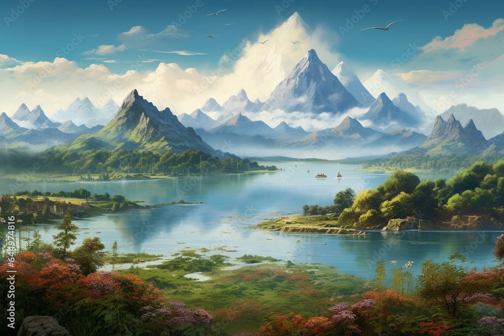 A serene landscape of a lake and mountains in a Chinese and Japanese style. Generative AI