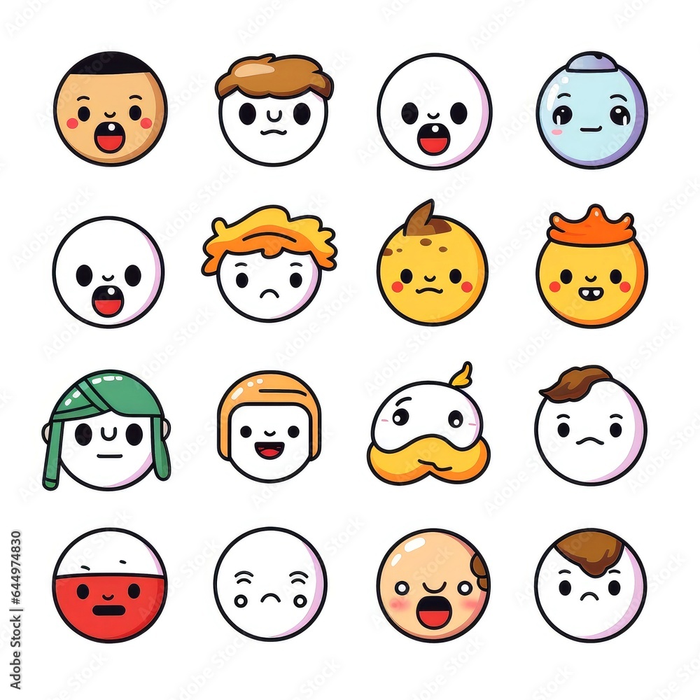 Set of cartoon faces expressions, face emojis, stickers, emoticons, cartoon funny mascot characters face set Set of cartoon faces expressions, face emojis, stickers, emoticons, cartoon funny mascot characters face set