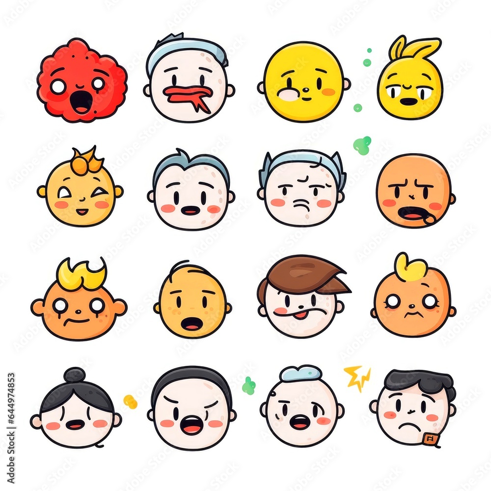 Set of cartoon faces expressions, face emojis, stickers, emoticons, cartoon funny mascot characters face set Set of cartoon faces expressions, face emojis, stickers, emoticons, cartoon funny mascot characters face set