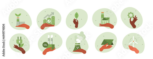Climate change illustration set. Characters hands holding factory, solar panels, wind turbine and other objects as metaphor for green industry, decarbonisation and sustainability. Vector illustration.