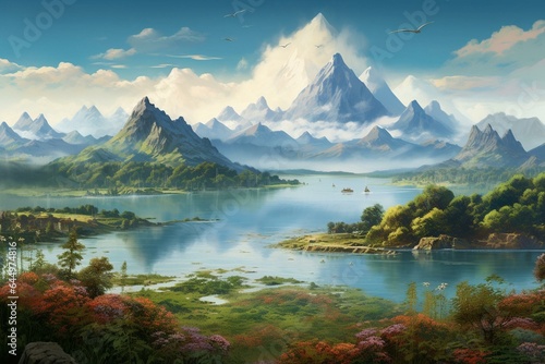 A serene landscape of a lake and mountains in a Chinese and Japanese style. Generative AI