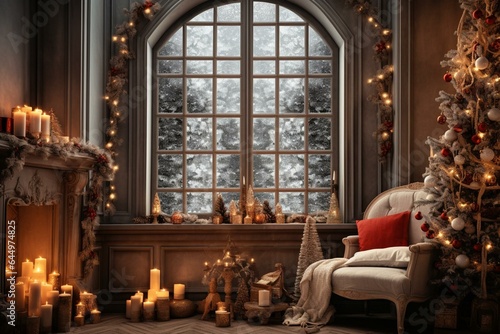 Festive room adorned with holiday window decorations, garlands, lanterns, and a Christmas tree. Creates a fun and atmospheric winter holiday ambience. Generative AI
