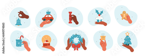 Hands gestures illustrations set. Characters hands holding seasonal gifts, holiday decorations and dishes. Merry Christmas and Happy New Year concept. Vector illustration.