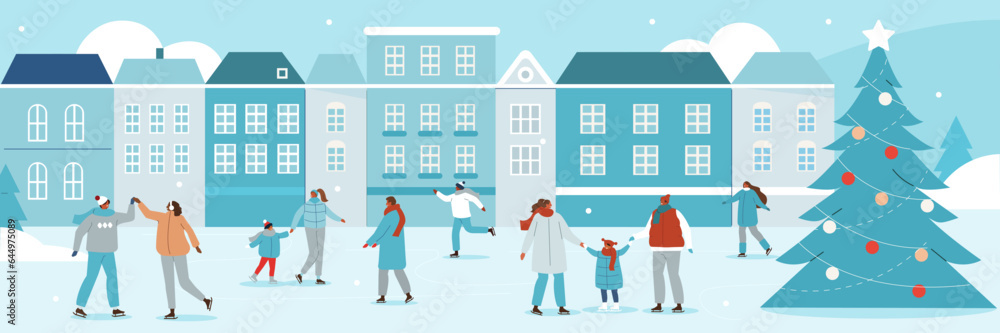 Winter holidays concept. Happy people skating on the outdoor ice rink in city street together. Women, men and children having fun. Vector illustration.