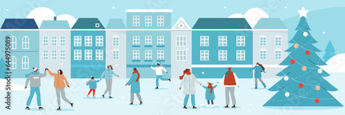 Winter holidays concept. Happy people skating on the outdoor ice rink in city street together. Women, men and children having fun. Vector illustration.