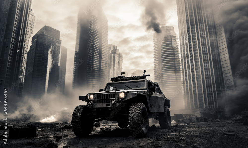 Armored military vehicle in city. Intense battlefield scene. Created AI tools