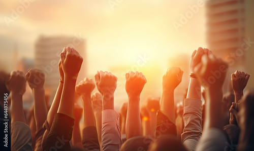 Protesting crowd. Unified crowd raising fists in solidarity. Hands held high. Created AI tools