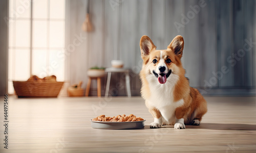 Corgi dog eagerly awaits meal beside a food bowl. Created with AI tools