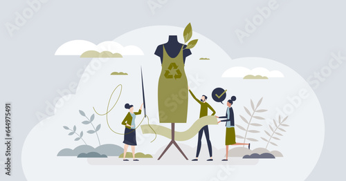 Sustainable fashion and clothe with recyclable materials tiny person concept. Ecological and organic textile with long consumption life to avoid trend waste vector illustration. Reusable cotton usage
