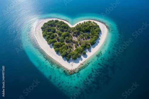 Heart-shaped island in turquoise sea. Generative AI © Lark
