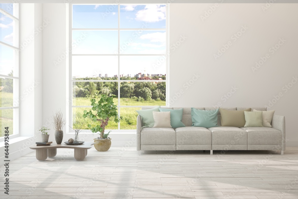 Fototapeta premium Modern interior concept with sofa and summer landscape in window. 3D illustration