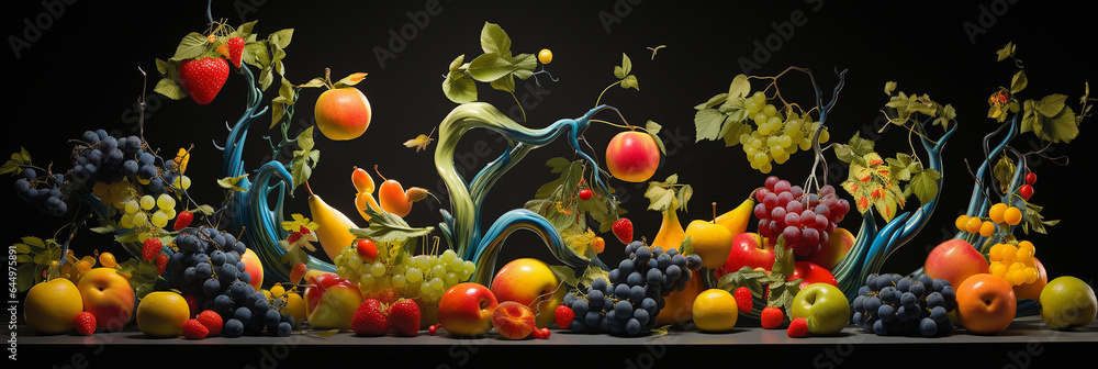 A visually captivating composition featuring an unconventional fruit motif dance across a black backdrop. - obrazy, fototapety, plakaty 