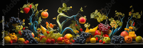 A visually captivating composition featuring an unconventional fruit motif dance across a black backdrop.