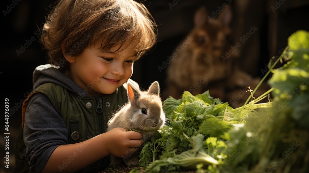 Little boy feeding a small rabbit with fresh vegetables. Little boy feeding a small rabbit with fresh vegetables.